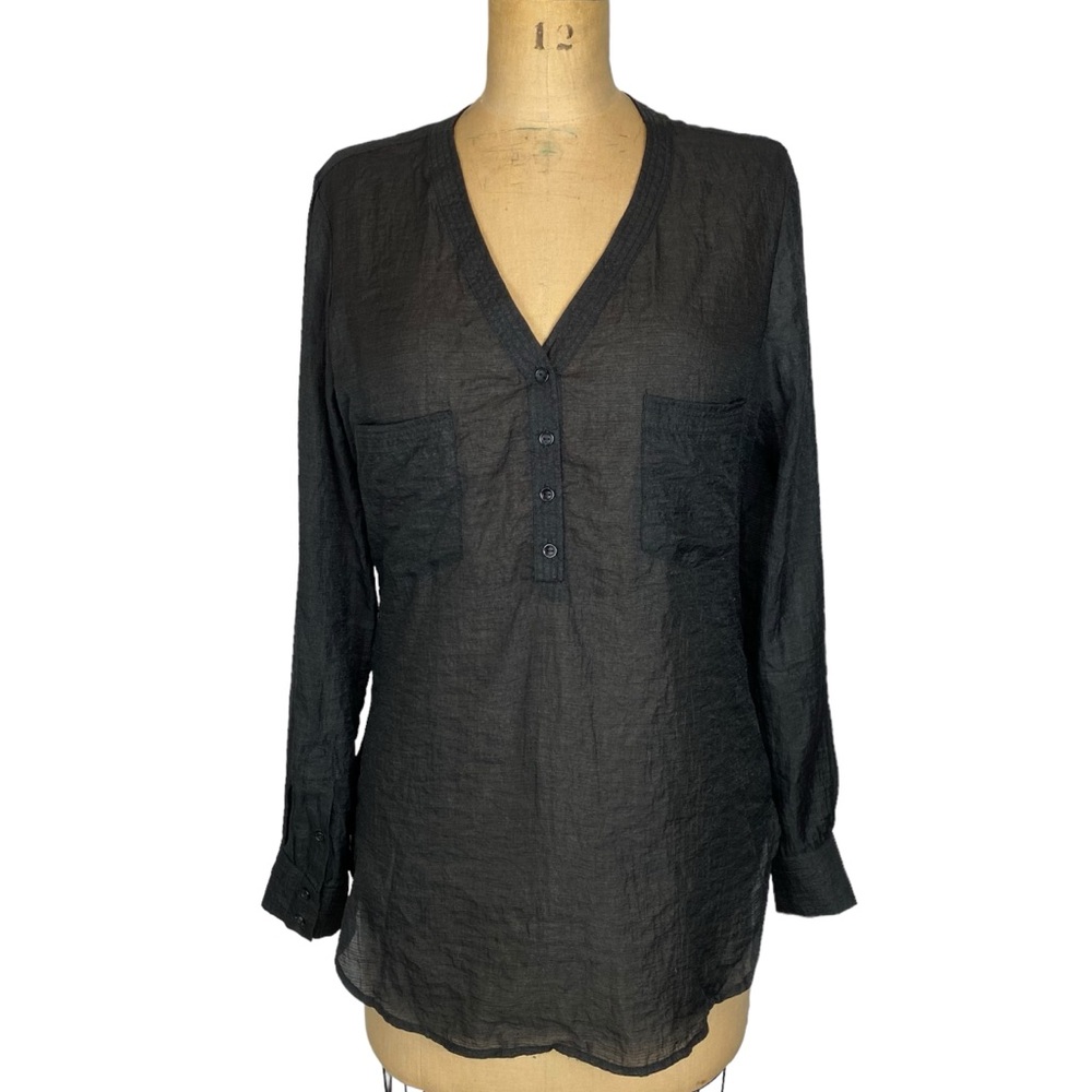 3/$30 Le Chateau Black Gauzy Partial Button Front Blouse Size M